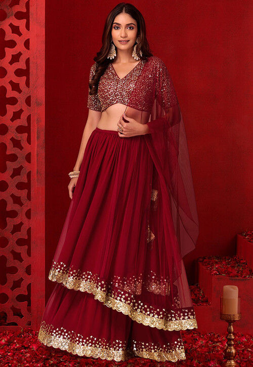 Embroidered Georgette Lehenga in Red
