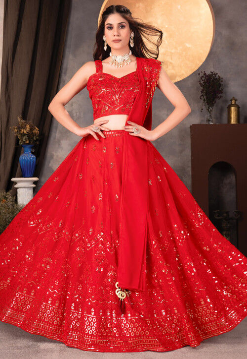 Embroidered Georgette Lehenga in Red