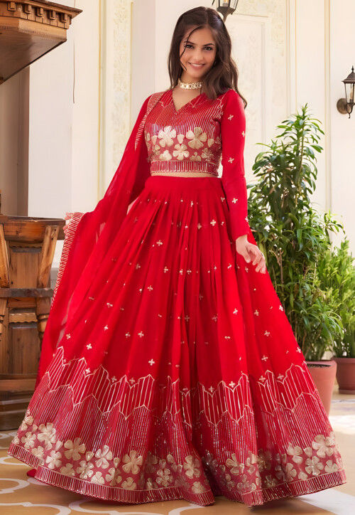 Embroidered Georgette Lehenga in Red