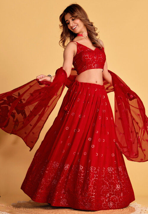 Embroidered Georgette Lehenga in Red