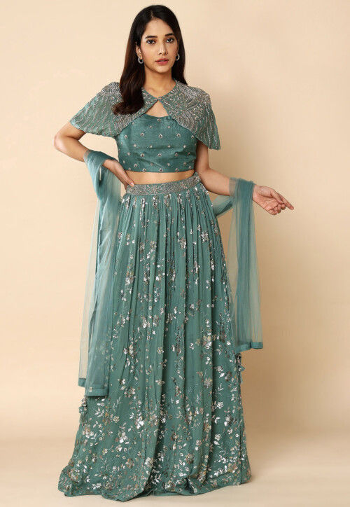 Embroidered Georgette Lehenga in Sea Green