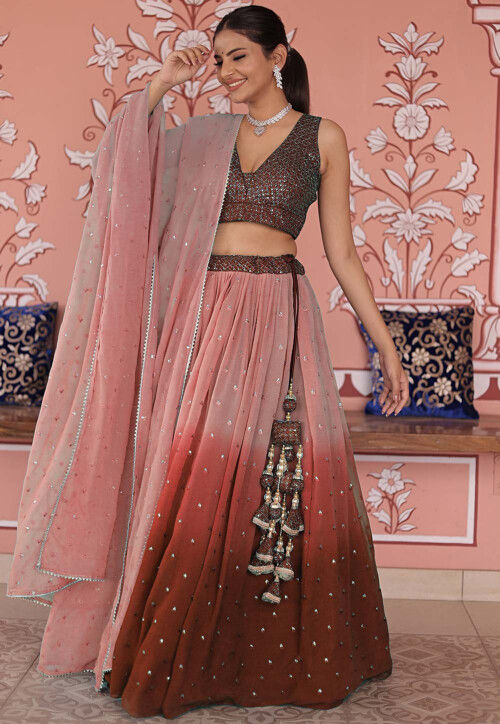 Embroidered Georgette Lehenga in Shaded Brown and Peach