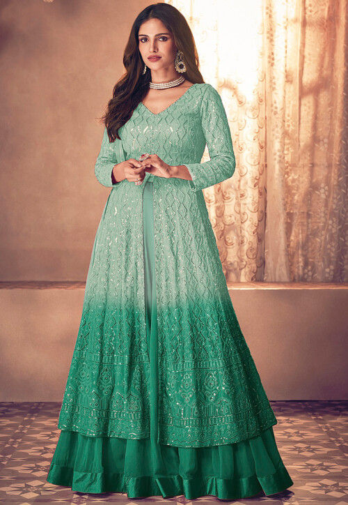 Embroidered Georgette Lehenga in Shaded Green