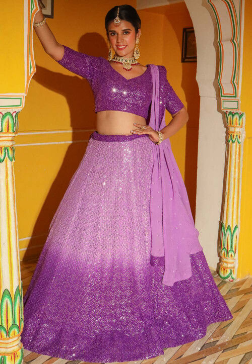 Embroidered Georgette Lehenga in Shaded Purple