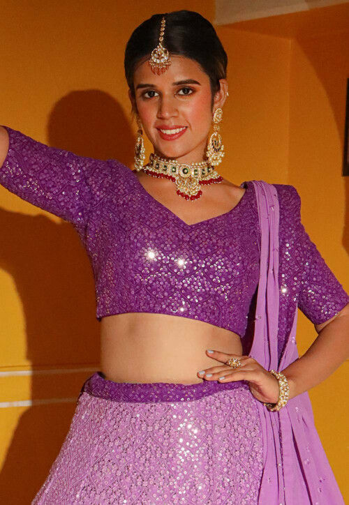 Embroidered Georgette Lehenga in Shaded Purple