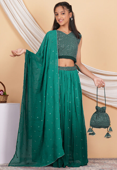 Embroidered Georgette Lehenga in Shaded Teal Green