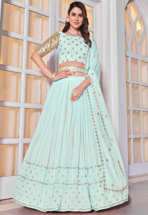 Embroidered Georgette Lehenga in Sky Blue