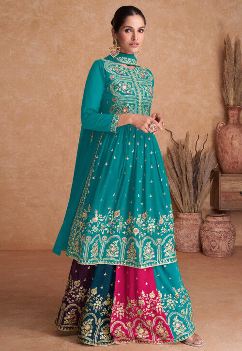 Embroidered Georgette Lehenga in Teal Blue and Multicolor