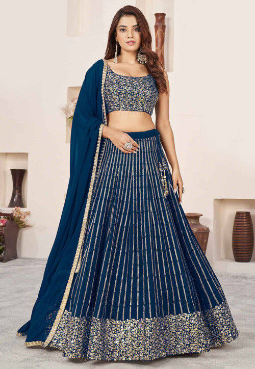 Embroidered Georgette Lehenga in Teal Blue