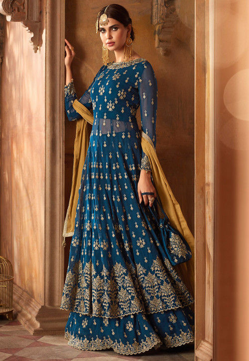 Embroidered Georgette Lehenga in Teal Blue