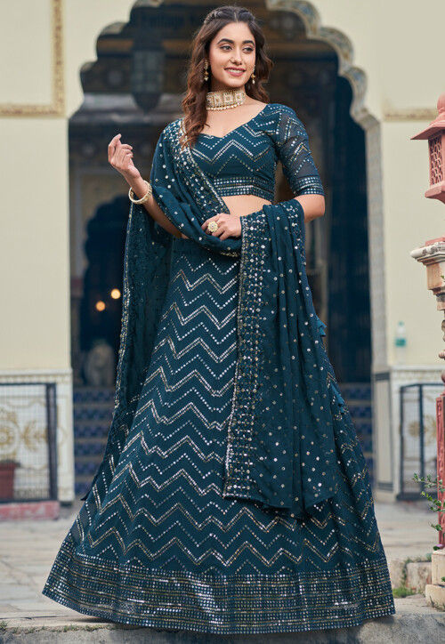 Embroidered Georgette Lehenga in Teal Blue