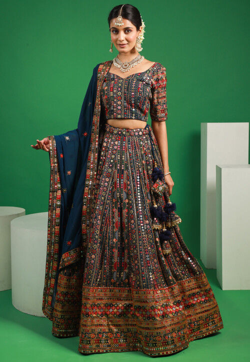 Embroidered Georgette Lehenga in Teal Blue