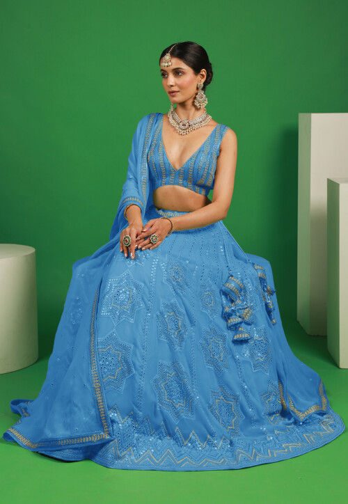 Embroidered Georgette Lehenga in Teal Blue