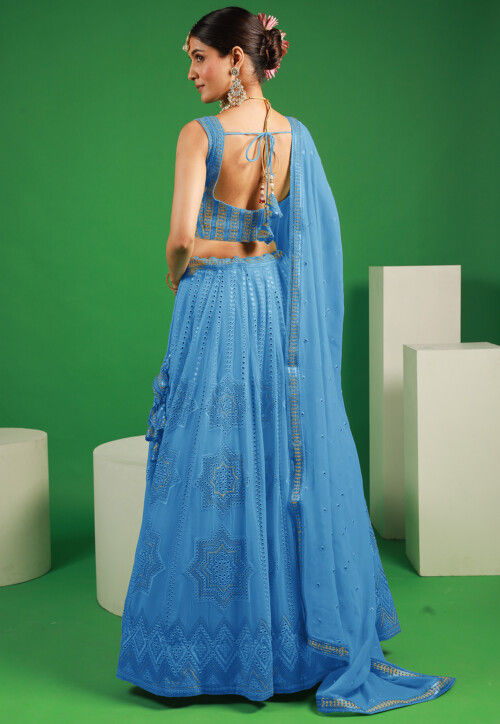 Embroidered Georgette Lehenga in Teal Blue