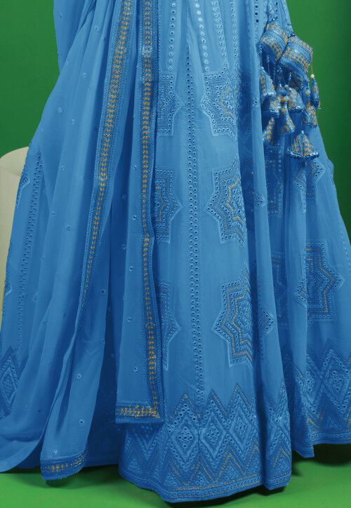 Embroidered Georgette Lehenga in Teal Blue