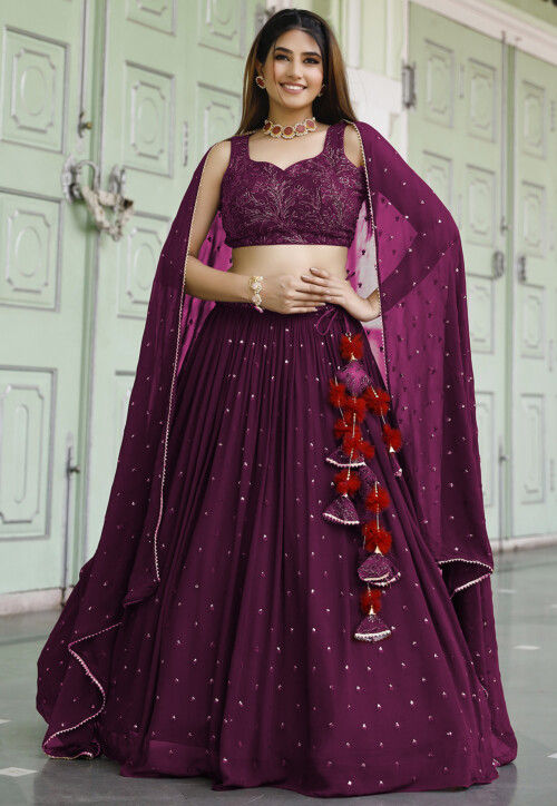 Embroidered Georgette Lehenga in Wine