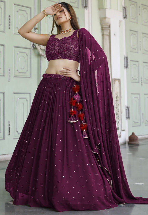 Embroidered Georgette Lehenga in Wine
