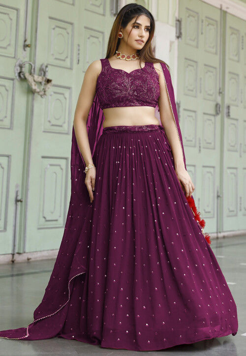Embroidered Georgette Lehenga in Wine