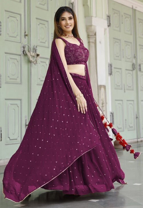Embroidered Georgette Lehenga in Wine