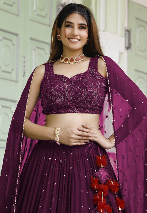Embroidered Georgette Lehenga in Wine