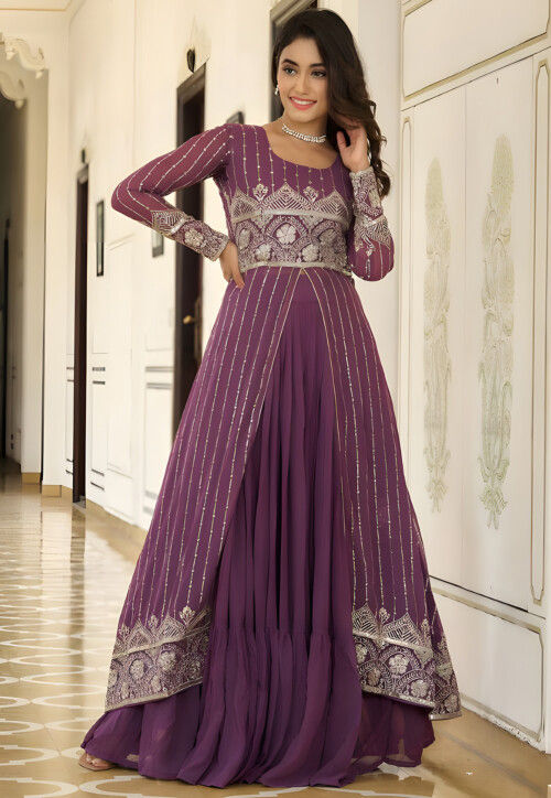 Embroidered Georgette Lehenga in Wine