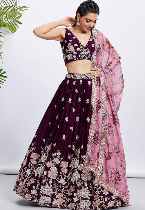 Embroidered Georgette Lehenga in Wine