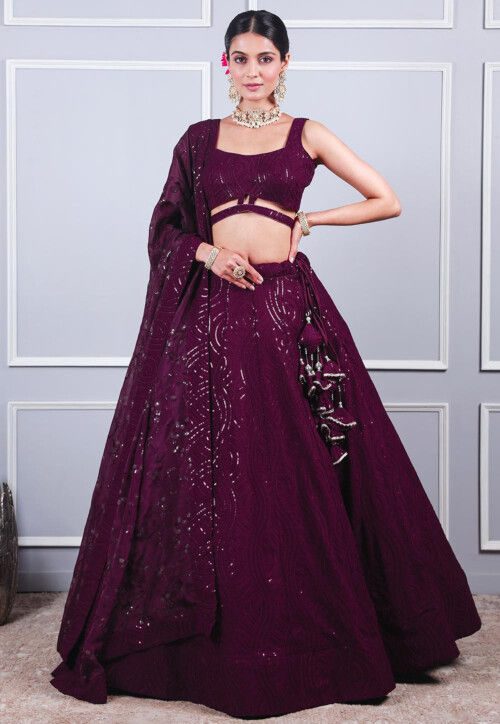 Embroidered Georgette Lehenga in Wine