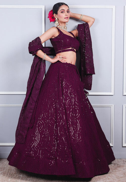 Embroidered Georgette Lehenga in Wine