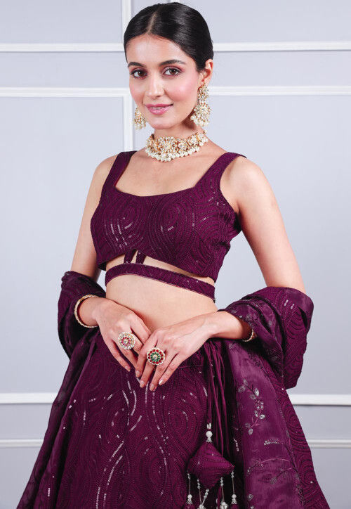 Embroidered Georgette Lehenga in Wine