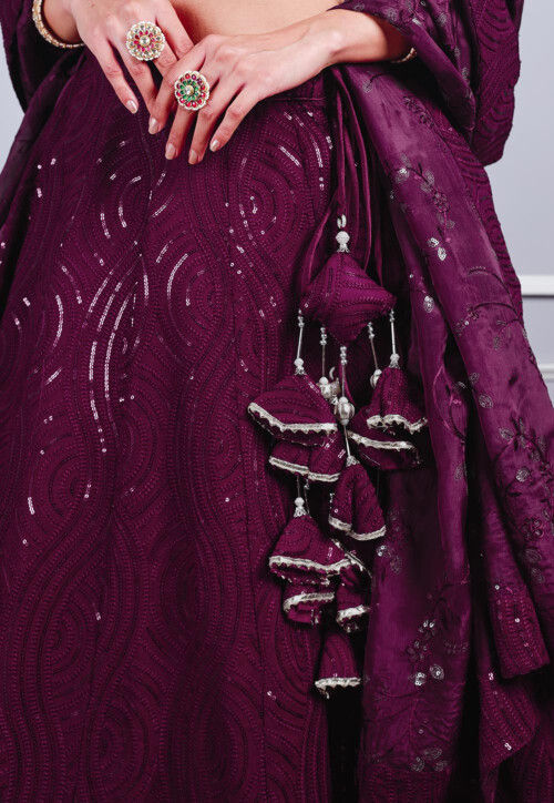 Embroidered Georgette Lehenga in Wine
