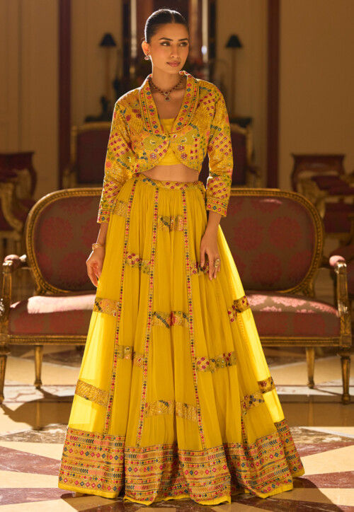 Embroidered Georgette Lehenga in Yellow