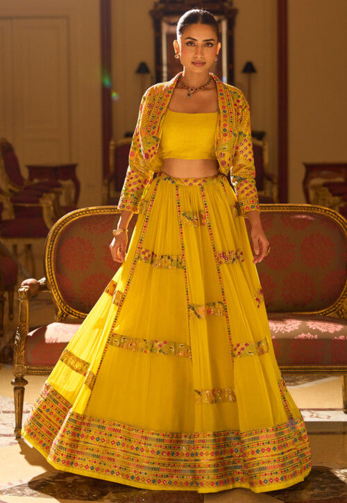 Embroidered Georgette Lehenga in Yellow
