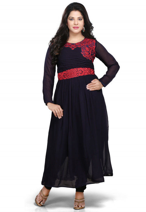Embroidered Georgette Long Dress In Navy Blue