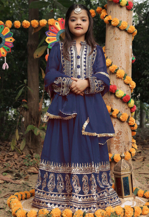 Embroidered Georgette Long Kurta in Navy Blue