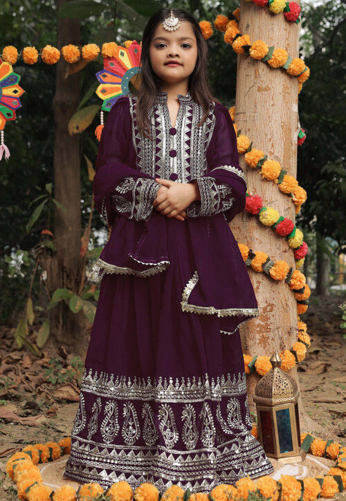 Embroidered Georgette Long Kurta in Purple