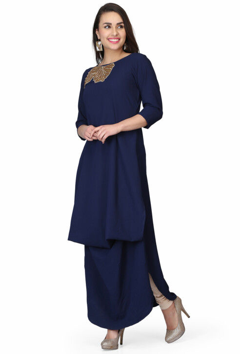 Embroidered Georgette Maxi Dress in Navy Blue