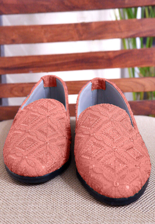 Embroidered Georgette Men Mojari in Dark Peach