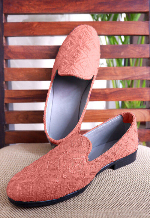 Embroidered Georgette Men Mojari in Dark Peach