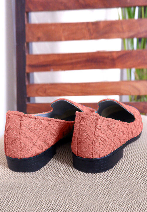 Embroidered Georgette Men Mojari in Dark Peach