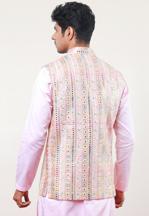 Embroidered Georgette Nehru Jacket in Baby Pink