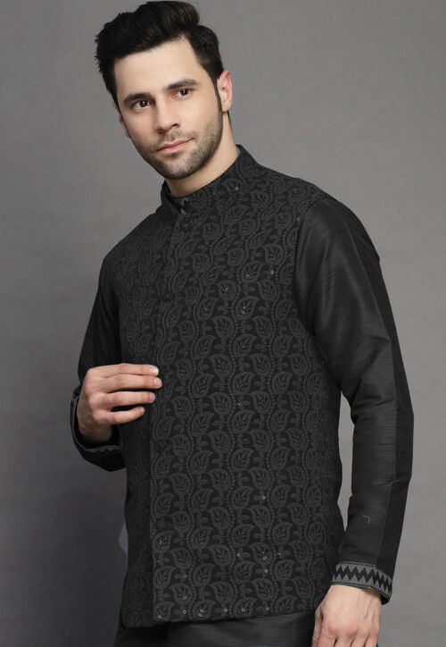 Embroidered Georgette Nehru Jacket in Black