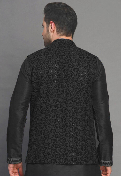 Embroidered Georgette Nehru Jacket in Black
