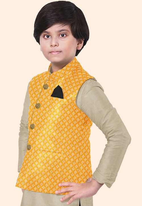Embroidered Georgette Nehru Jacket in Mustard