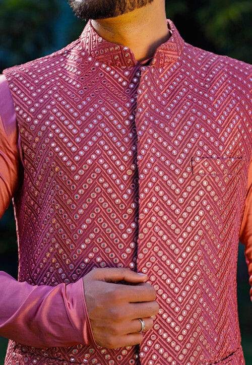 Embroidered Georgette Nehru Jacket in Pink
