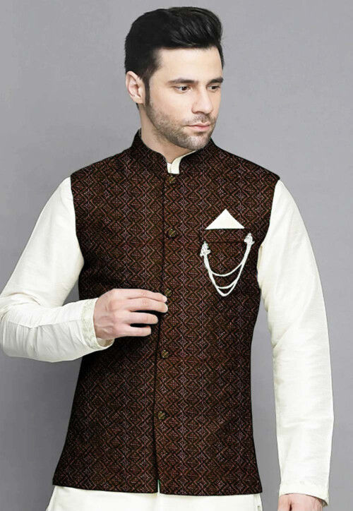 Embroidered Georgette Nehru Jacket in Brown