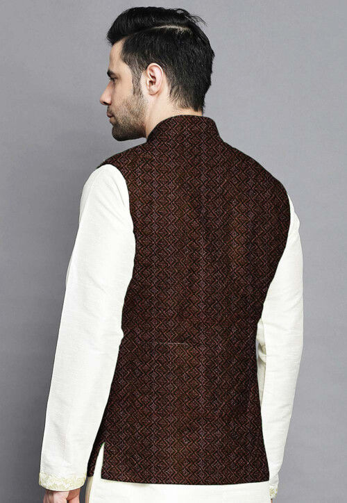 Embroidered Georgette Nehru Jacket in Brown