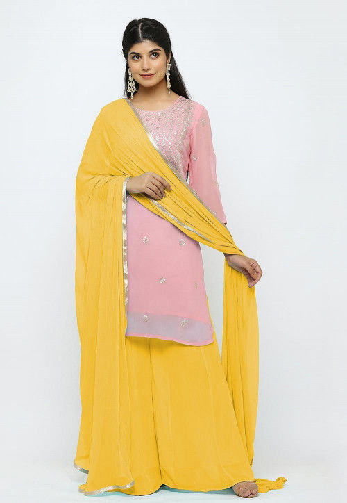 Yellow Embroidered Faux Georgette Partywear Patiyala Suit