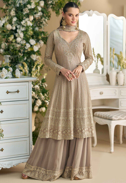 Embroidered Georgette Pakistani Suit in Beige