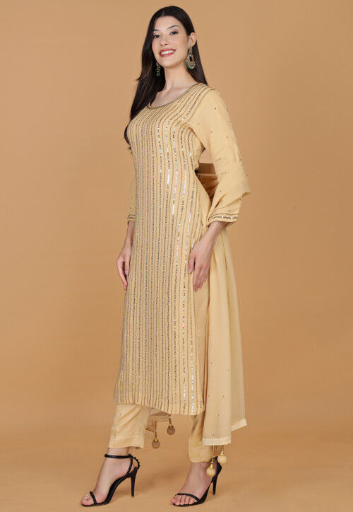 Embroidered Georgette Pakistani Suit in Beige