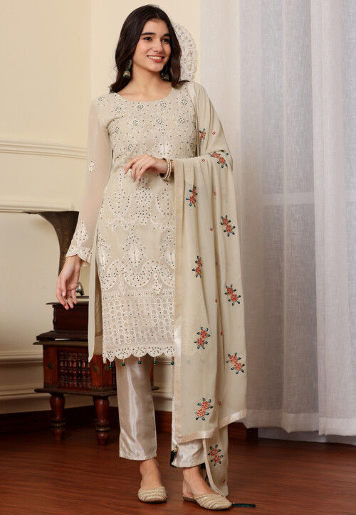 Embroidered Georgette Pakistani Suit in Beige